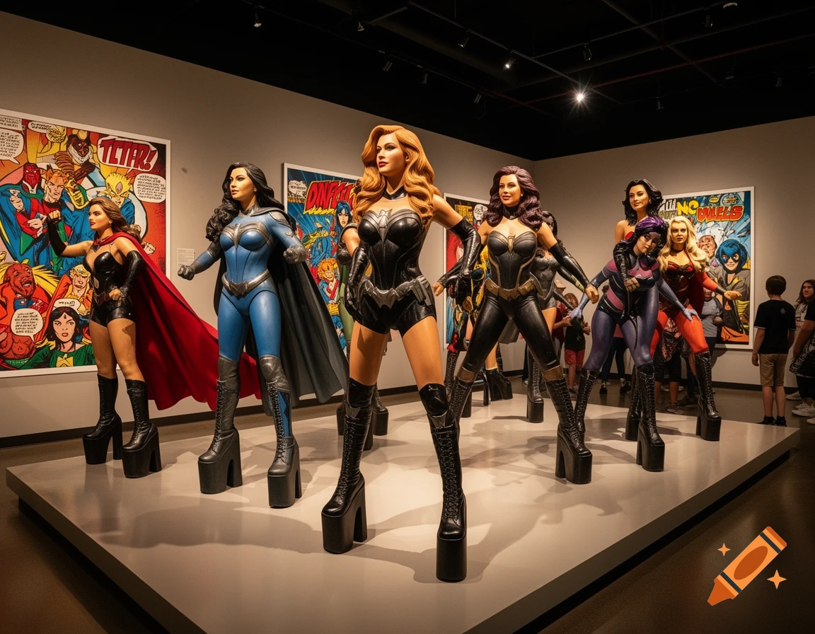 Photorealistic image of multiple female comic character wax figures wearing platform boots in a museum exhibit with large comic panels.
