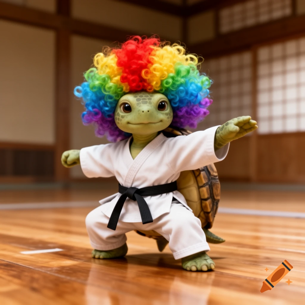 Cute turtle in a white kung fu gi and rainbow afro striking a martial arts pose in a dojo.