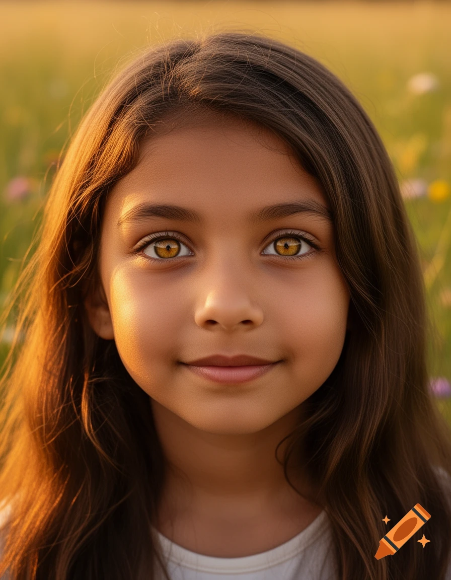 Close-up photorealistic portrait of a young girl with hazel almond eyes and brown hair, smiling in a sunny field.