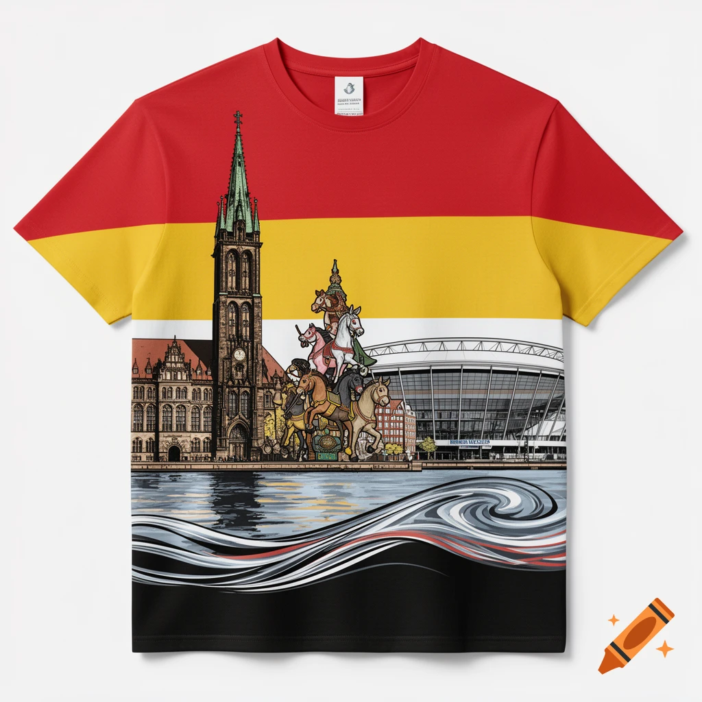 A t-shirt with a design depicting the Bremen skyline, including the cathedral, town hall, the Bremen Town Musicians, and a stadium, set against a red, yellow, and white striped background with the Weser river and waves at the bottom.