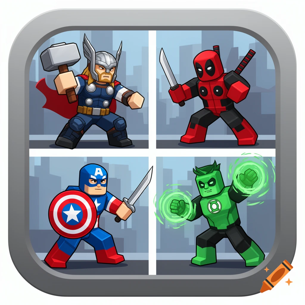 A grid of four blocky, cartoon superheroes: Thor, Deadpool, Captain America, and Green Lantern, against a city background, resembling a game icon.