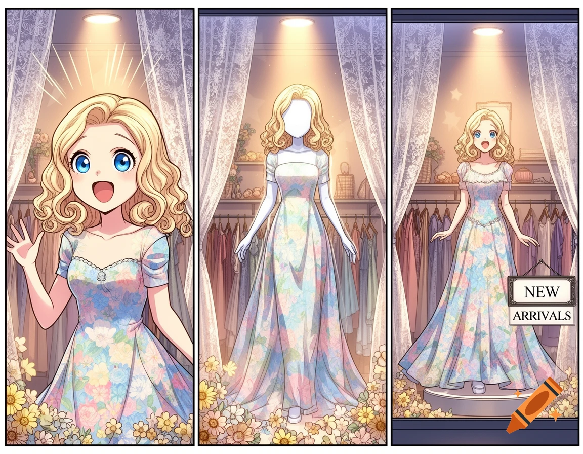Three-panel anime comic of a blonde woman in a floral dress transforming into a mannequin in a store window with a 'NEW ARRIVALS' sign.