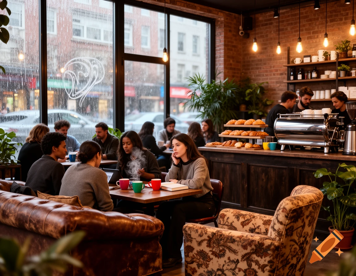 A cozy coffee shop interior with numerous people relaxing and working, viewed through a rain-streaked window.