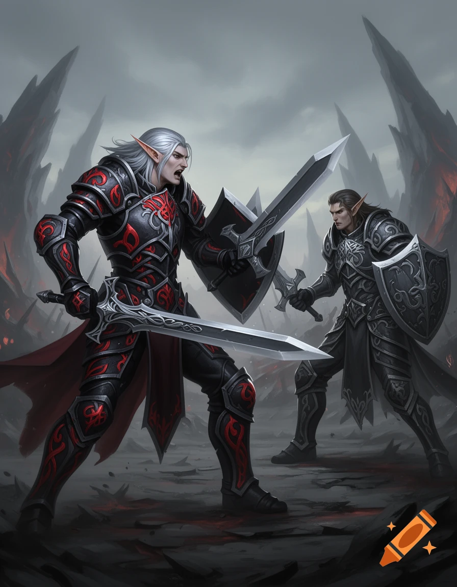 Two male elves in intricate armor, one with silver hair and red accents, battle with swords and shields in a desolate, rocky landscape.
