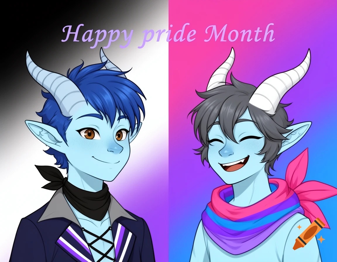 Anime illustration of two horned, blue-skinned characters against asexual and bisexual pride flag backgrounds, with "Happy pride Month" text.