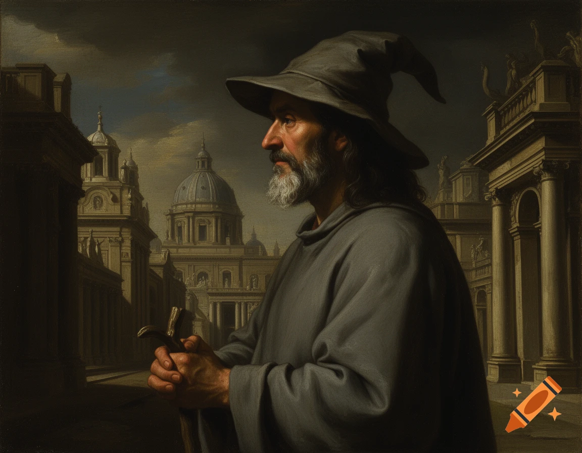 A rugged wizard with a gray beard and pointed hat stands in profile, holding a staff, against a Baroque city in a dramatic oil painting.