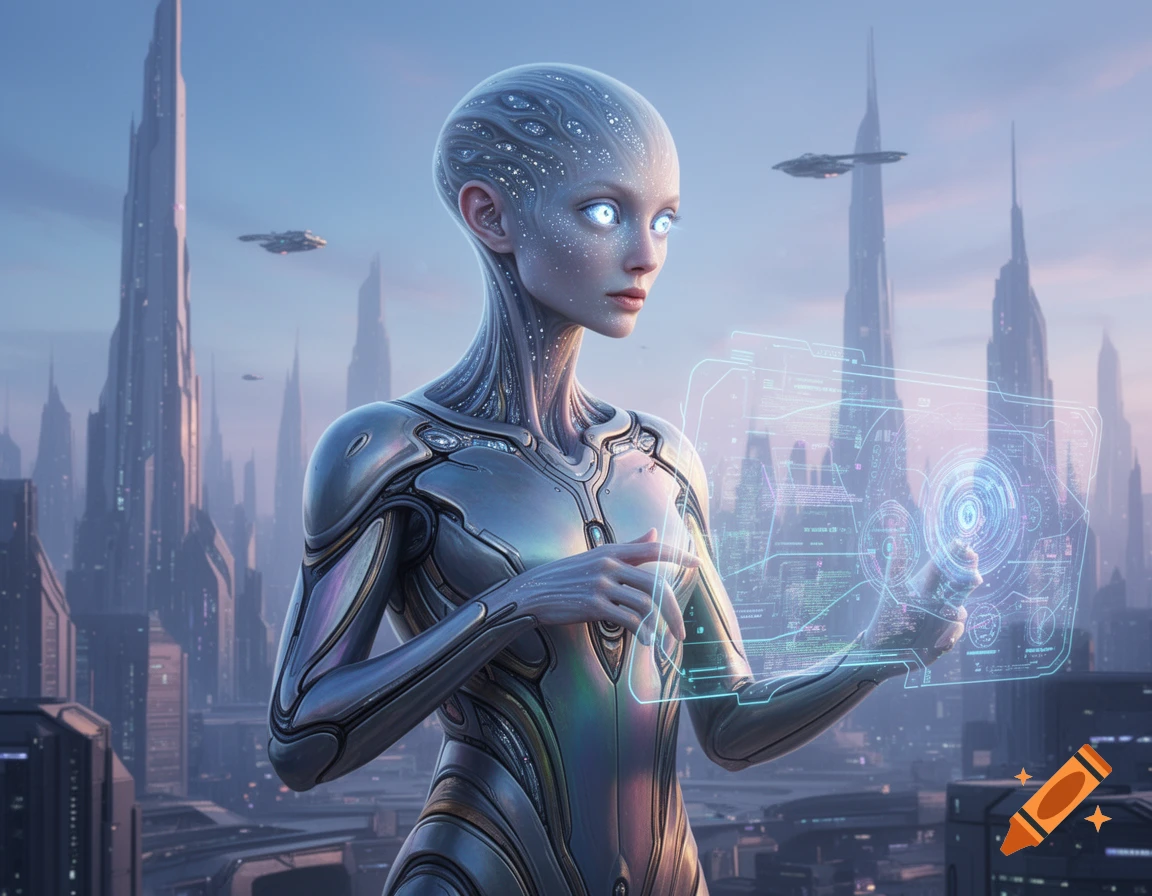 A humanoid alien with glowing eyes stands in a futuristic city, interacting with a holographic display.