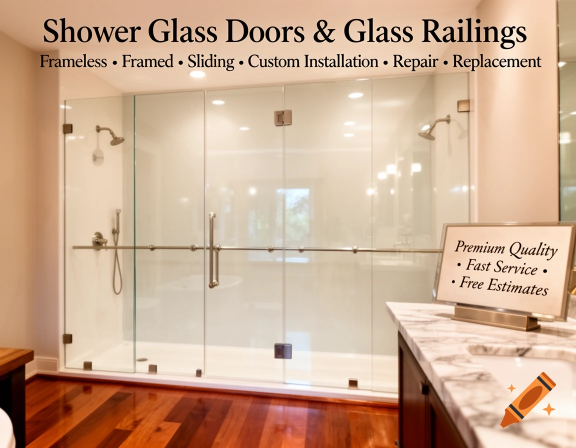 Modern bathroom with clear glass shower doors, wood flooring, marble vanity, and text advertising glass door services.
