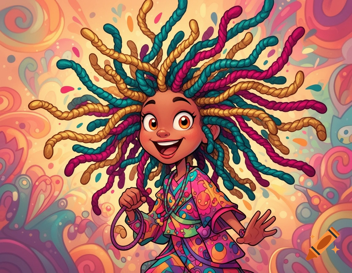 Vibrant cartoon girl with colorful dreadlocks and a patterned outfit, smiling amidst swirling psychedelic patterns.