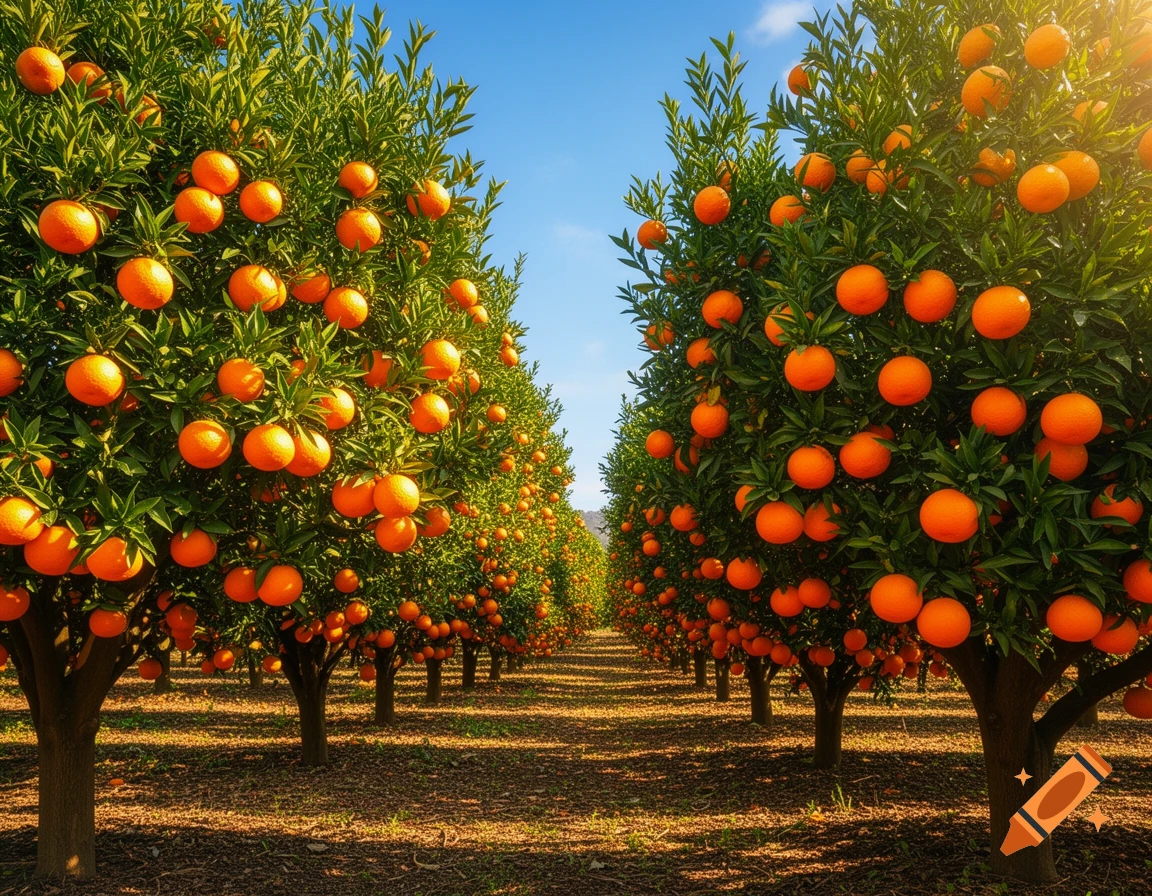 Photorealistic image of a sunny orange grove with rows of trees heavily laden with ripe, bright orange fruit.