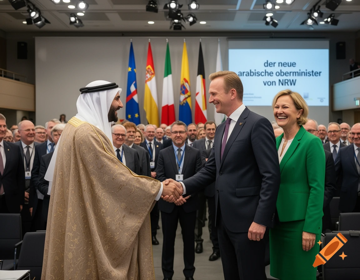 An Arab dignitary in traditional dress shaking hands with a European politician in a suit, a woman in green smiling, at a formal political event.