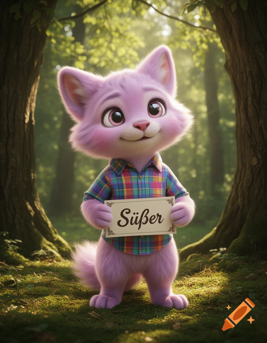 A cute, fluffy purple furry creature in a plaid shirt holds a sign reading "Süßer" in a sunlit forest.