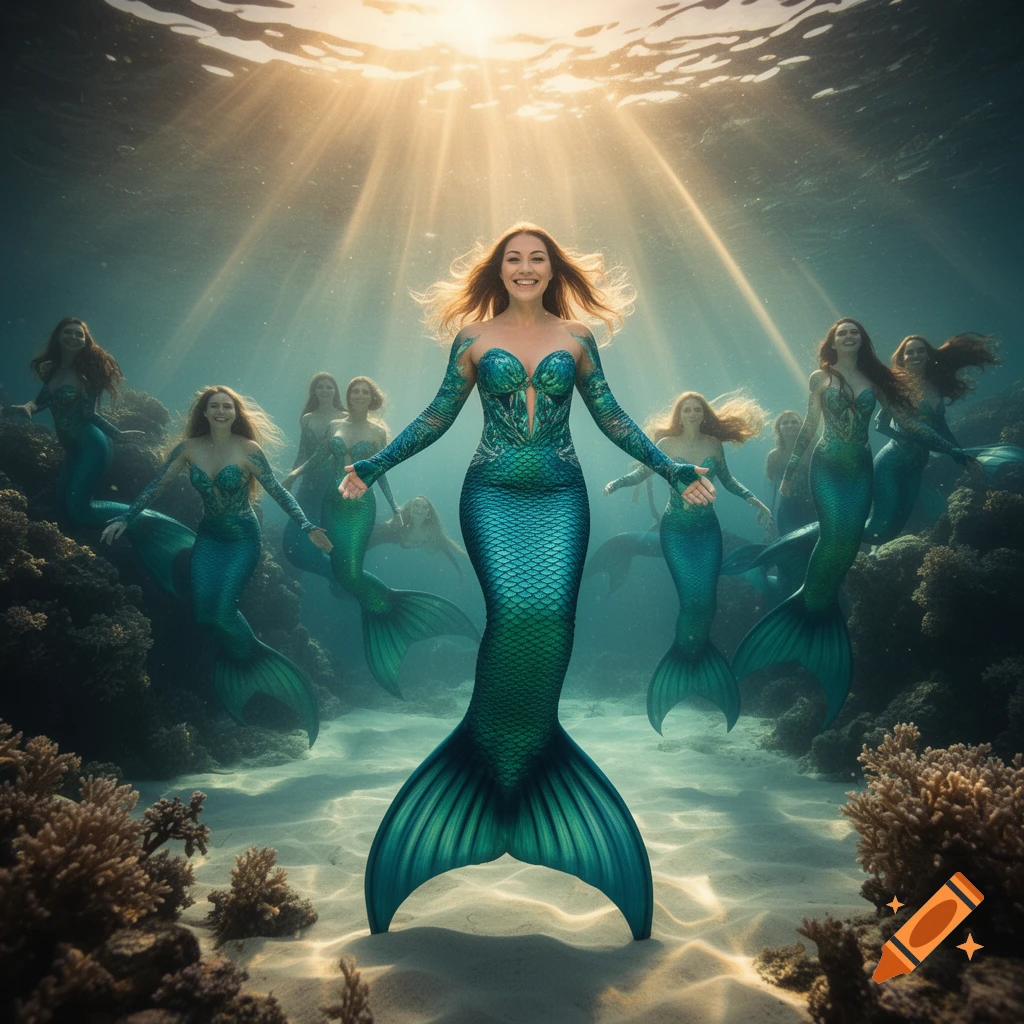 Group of happy mermaids swimming underwater in a sunlit cove with coral.