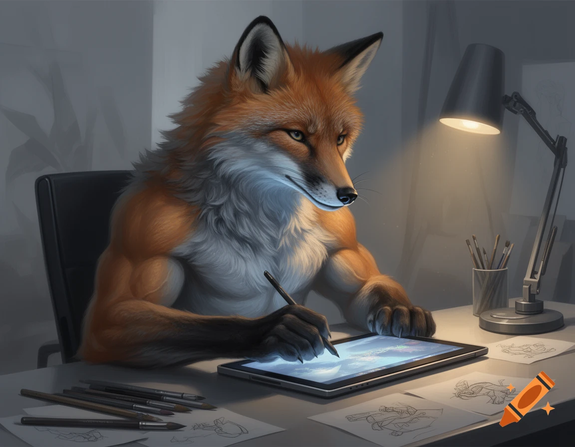 A muscular, fluffy anthropomorphic fox (folf) drawing on a glowing art tablet at a desk, illuminated by a desk lamp.