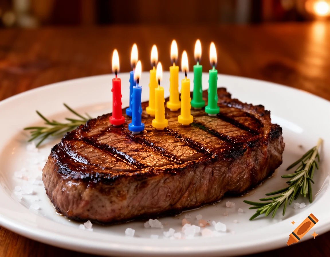 Close-up of a grilled steak on a white plate, adorned with lit birthday candles and rosemary sprigs, with salt crystals.