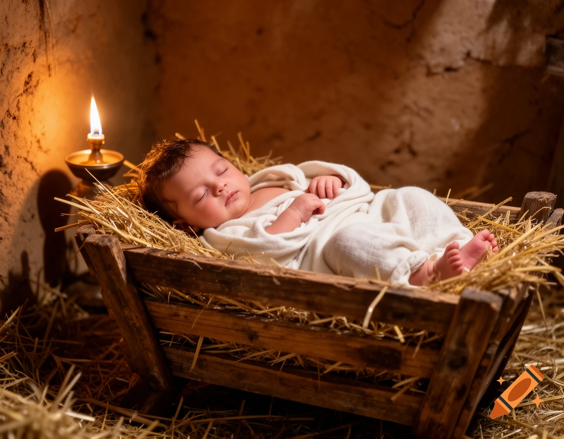 A sleeping baby in a straw-filled wooden manger, illuminated by a candle. Photorealistic.