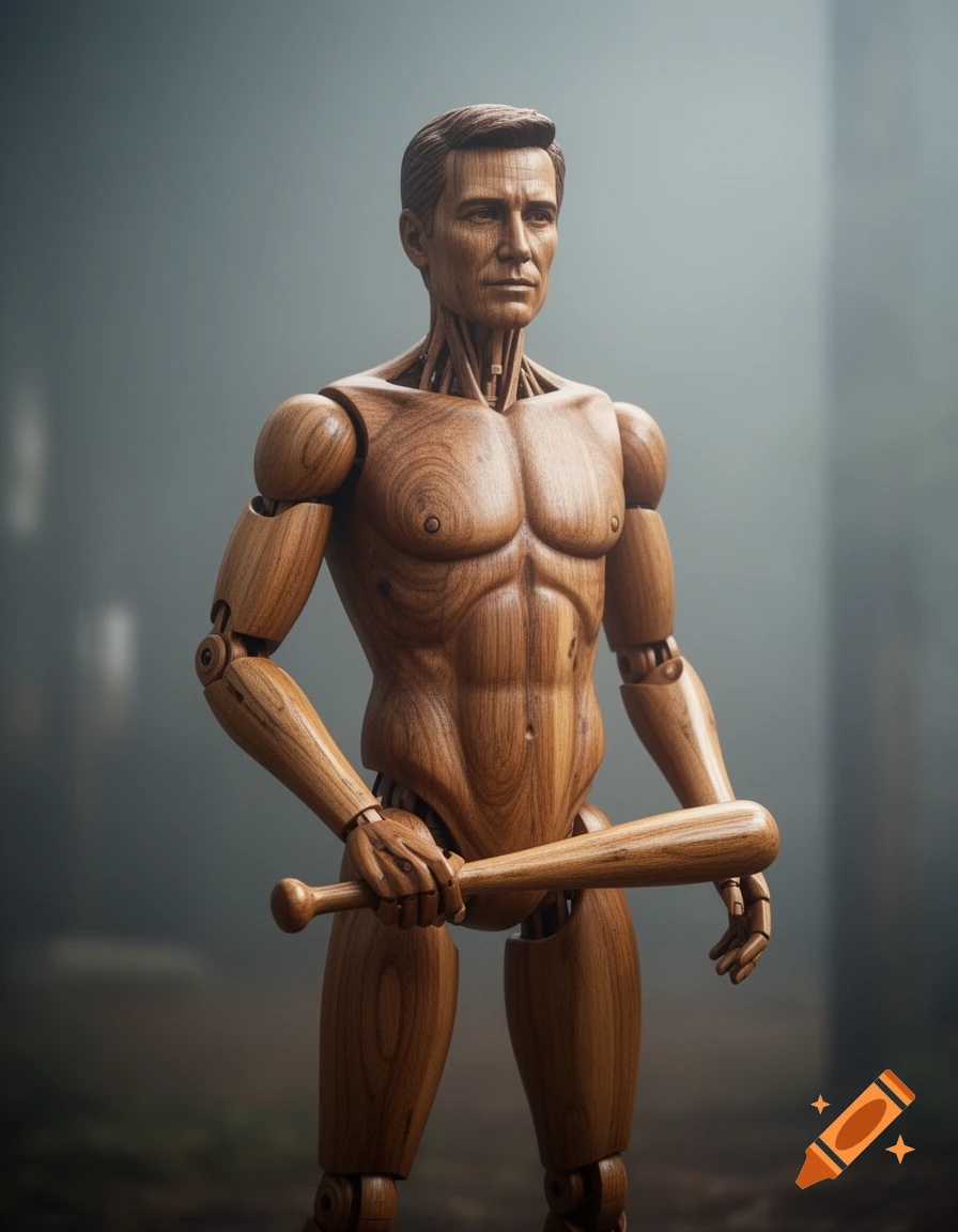 Photorealistic wooden art mannequin with a realistic face holding a baseball bat in a misty setting.