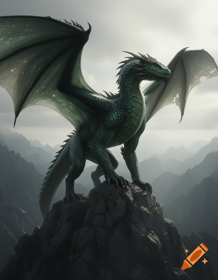 A majestic green dragon with large wings stands atop a rocky mountain peak, silhouetted against a cloudy sky.