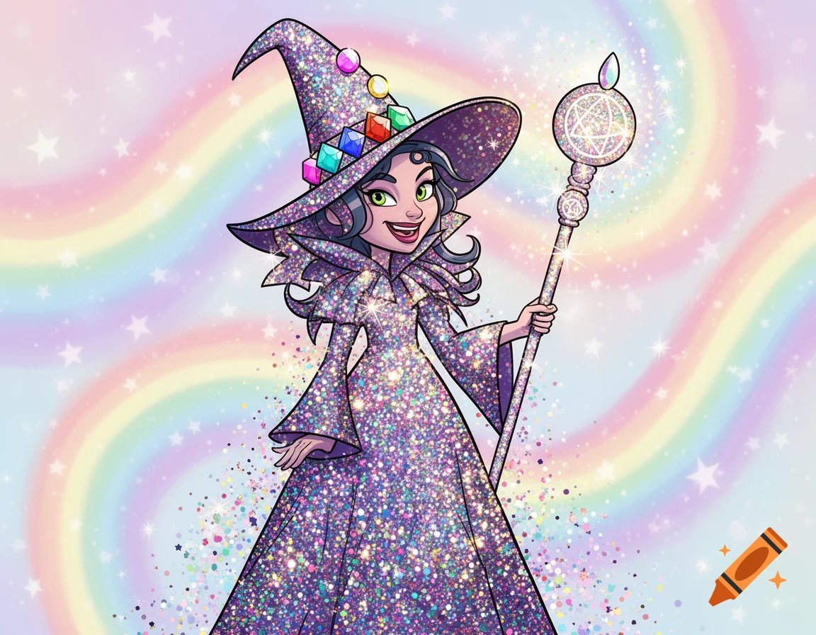 A cartoon witch in a glittery purple dress and hat, holding a magic staff, stands before a rainbow and starry background.