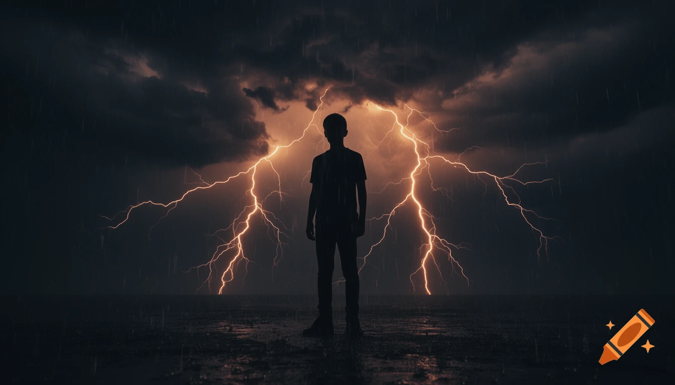 Dramatic photorealistic image of a silhouette standing in the rain under a stormy sky with jagged orange lightning.