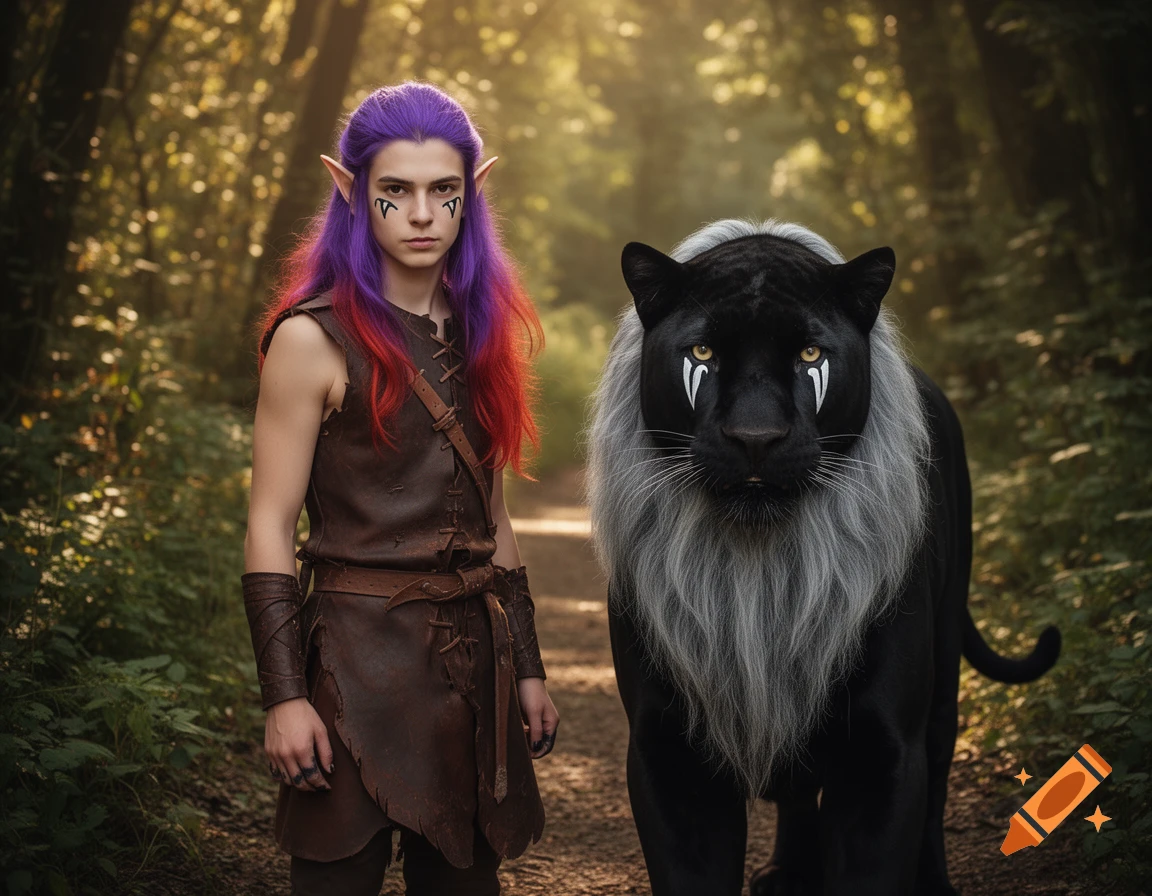 Photorealistic image of a young male elf with purple and red hair, face ...