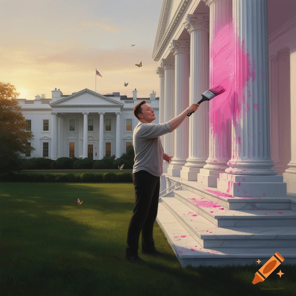 Elon Musk paints a White House pillar pink with a large brush as pink splatters the steps, under a sunset sky.