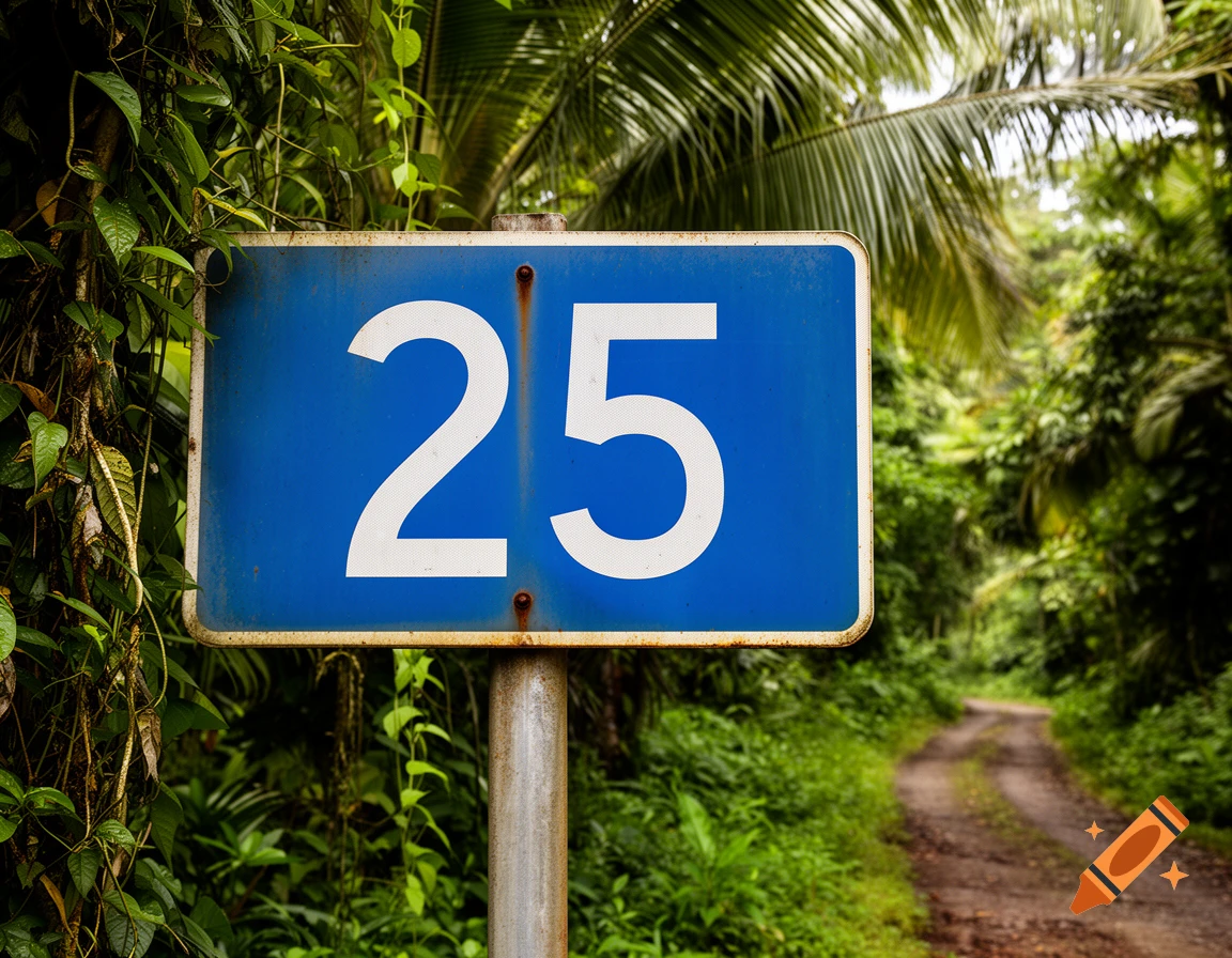 A blue road sign with the number 25 stands beside a dirt path in a lush, green tropical jungle. Photorealistic.