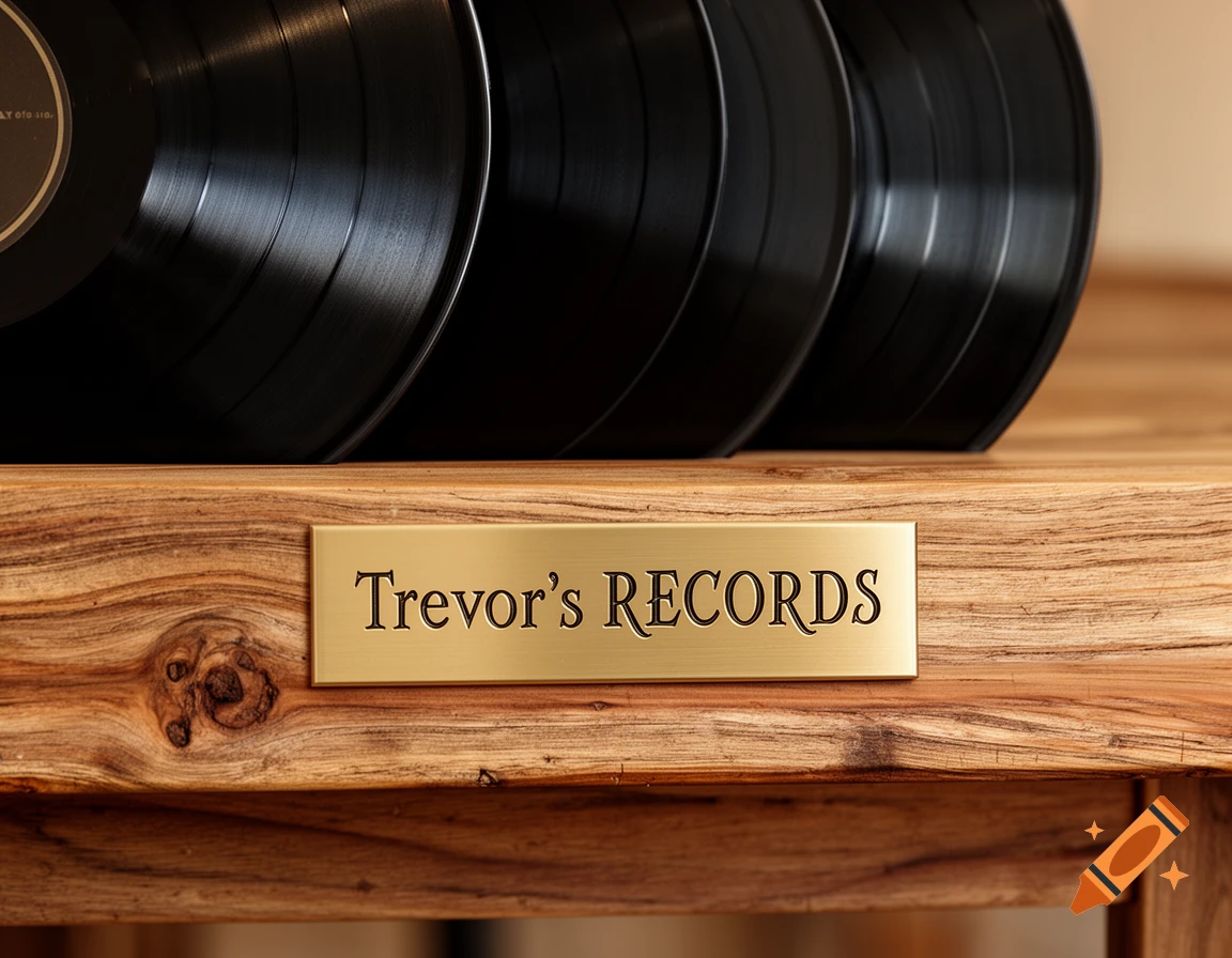 Three vinyl records standing vertically on a rustic wooden table with a brass plaque reading "Trevor's RECORDS".