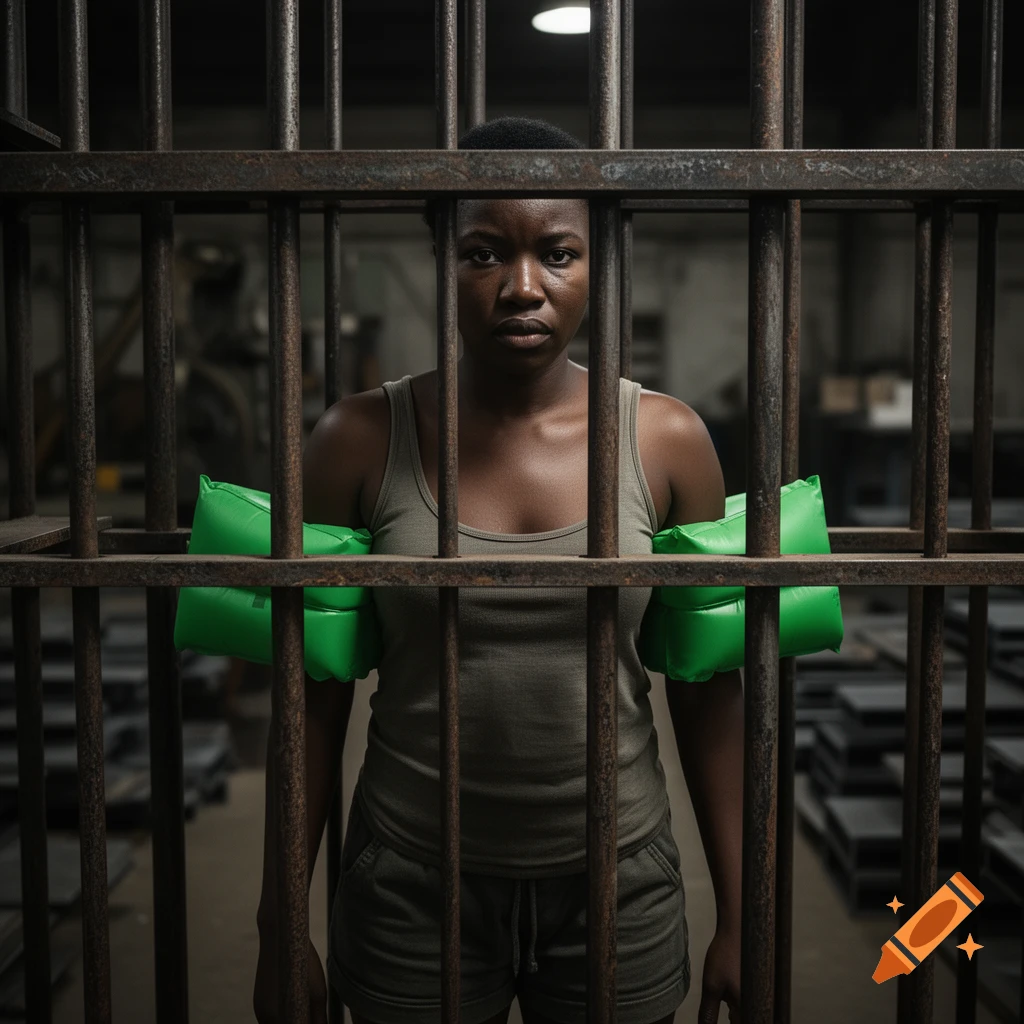 A woman with green arm floaties looks intently from behind metal bars in a dark, industrial-like setting.
