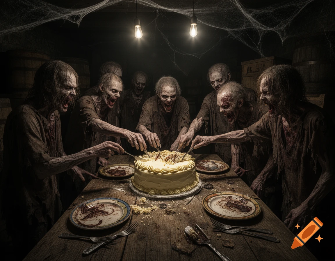 Grotesque zombies greedily cutting a creamy cake in a dark, cobweb-filled cellar.
