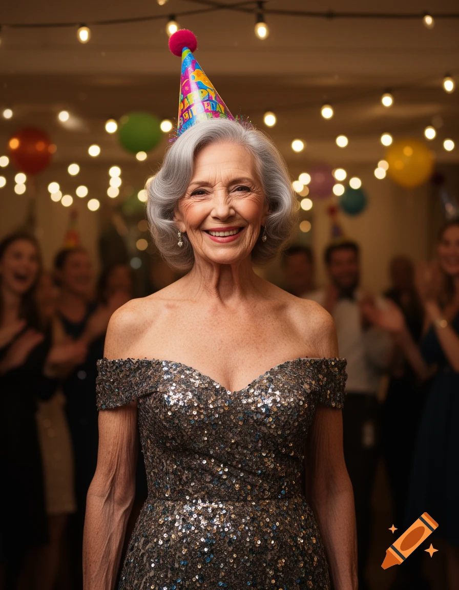 An elderly woman with gray hair smiles, wearing a sequined off-the-shoulder dress and a colorful party hat, at a festive birthday party with blurry lights and people in the background.
