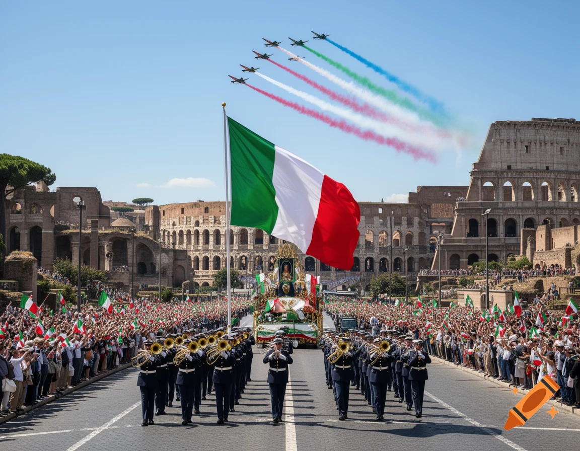 Italian Republic Day parade in Rome with a large Italian flag, a military band, crowds, jets trailing red, white, and green smoke, and the Colosseum.