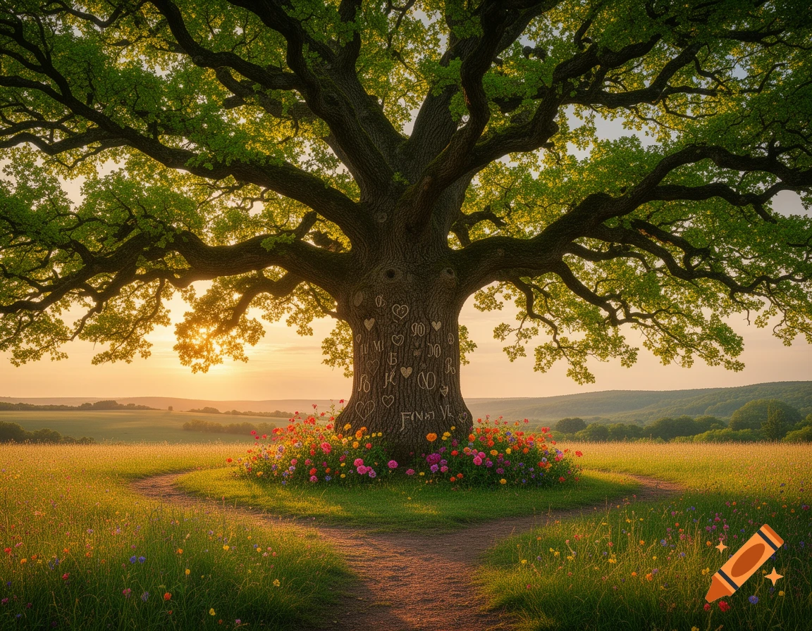 A majestic, old oak tree with vibrant green leaves stands in a sunny field of colorful wildflowers at sunset, with a path leading to its base.