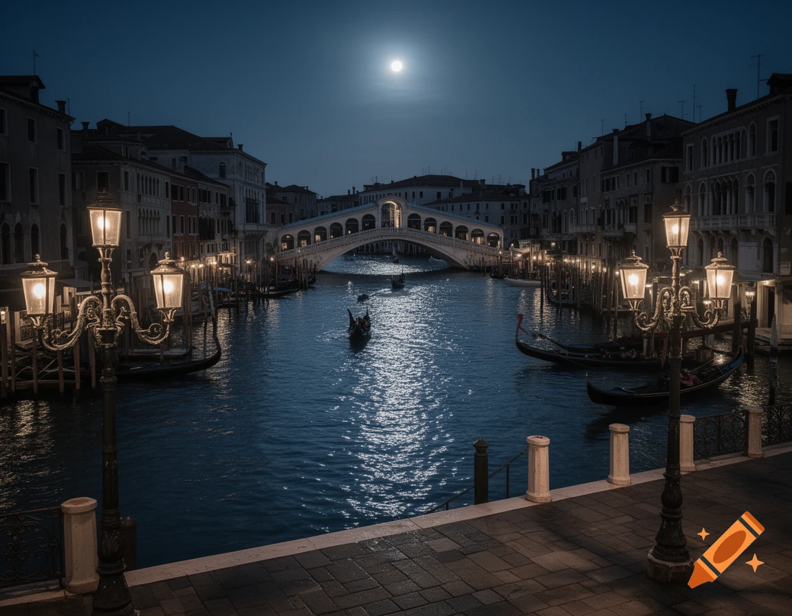 Photorealistic image of a moonlit Venice canal with the Rialto Bridge, gondolas, and illuminated buildings reflecting in the water.