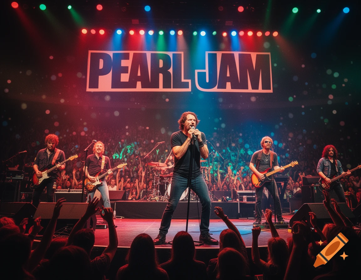 Pearl Jam performs on a brightly lit stage with their logo and a cheering crowd, photorealistic style.