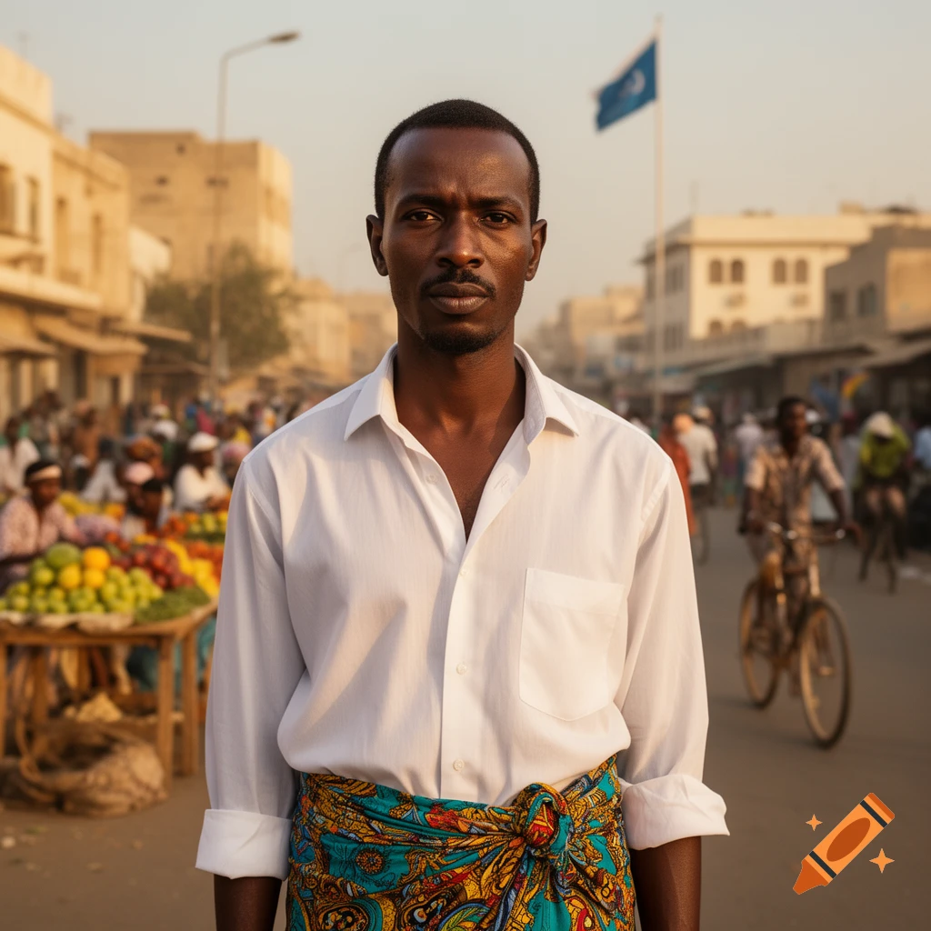 Photorealistic portrait of a Somali man in a white shirt and patterned sarong, standing in a busy outdoor market street.