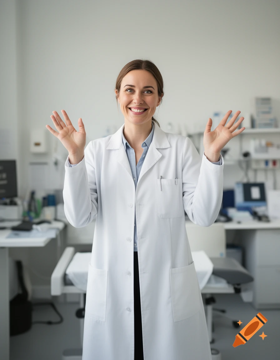 A smiling female doctor in a white lab coat raises her hands in a medical room, looking innocent and amused. Photorealistic.