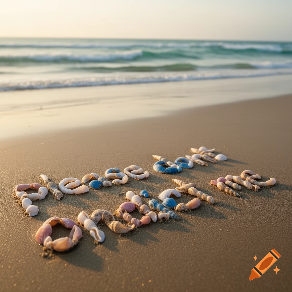 Seashells spell 'please don't ondict me' on a sandy beach with the ocean in the background at sunrise.