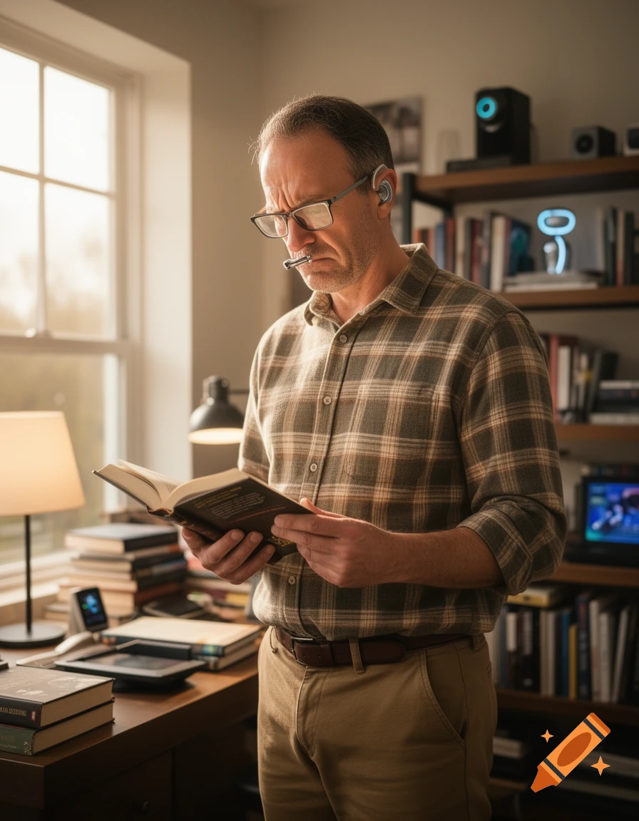 A nerdy middle-aged man with eyeglasses and a nose device reads a book in a sunlit study.