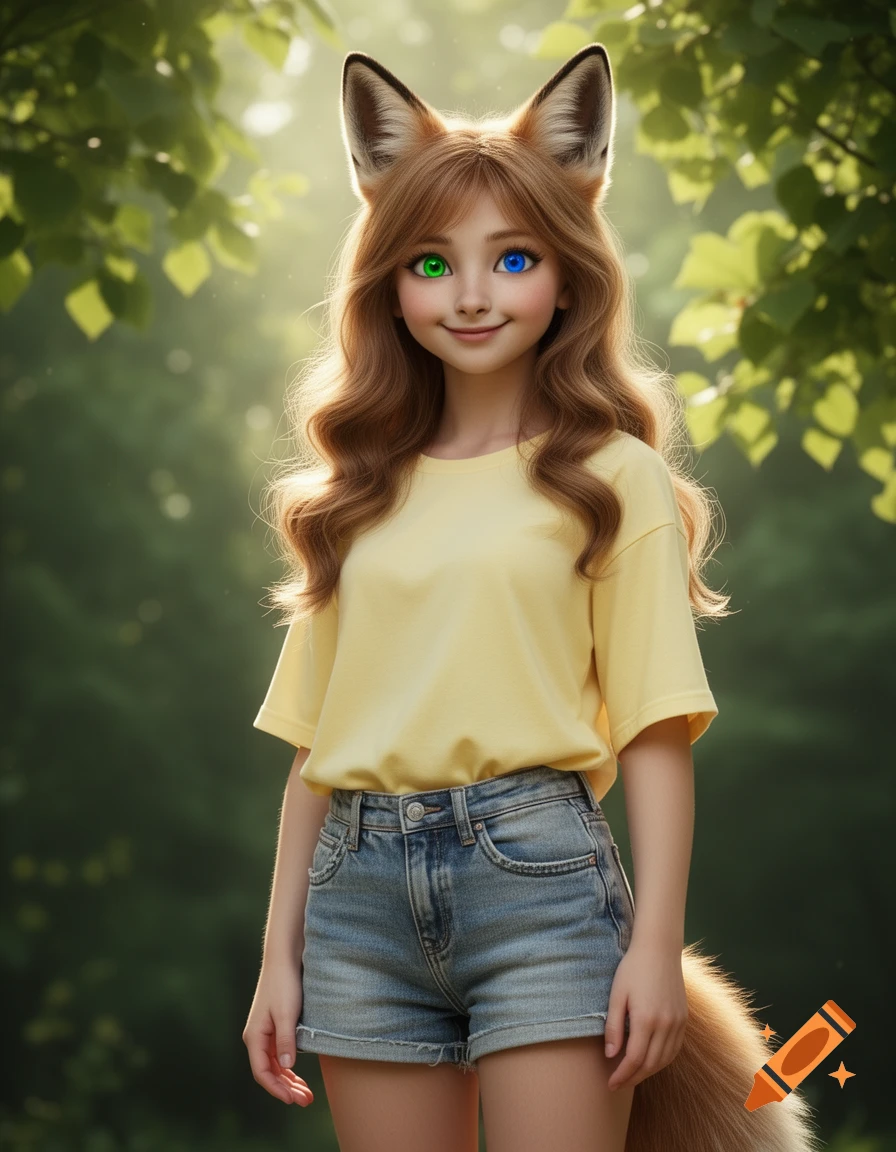 A smiling fox girl with light brown hair, a yellow t-shirt, and denim shorts stands in a sun-dappled forest, showing one green eye and one blue eye.