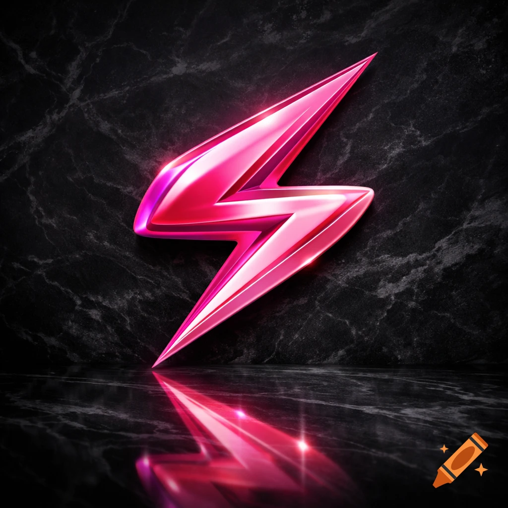 A sleek, glossy pink lightning bolt logo reflecting on a dark marble surface.
