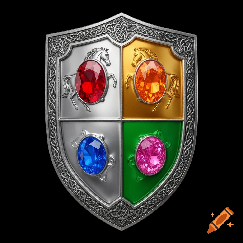 A detailed medieval shield with four quadrants, featuring embossed horses and faceted red, orange, blue, and pink gemstones.