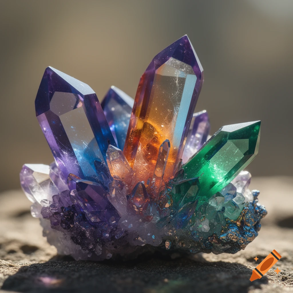 A close-up shot of a cluster of vibrant, multicolored crystals, including purple, orange, blue, and green, resting on a rocky surface.