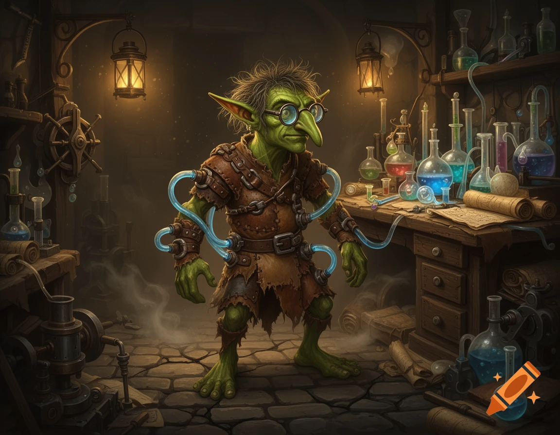 A green-skinned goblin mad scientist with messy hair and goggles wears patchwork leather armor with glowing blue tubes. He stands in a cluttered, dimly lit alchemy lab with numerous beakers and flasks on a wooden desk and shelves.