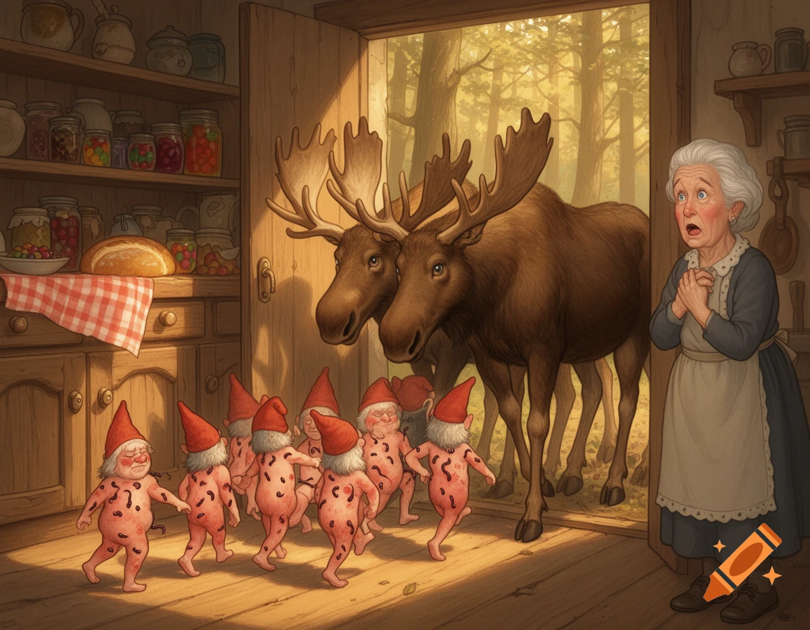 Gnomes covered in leeches herd two moose into a scared grandma's kitchen pantry, filled with jars and bread, in a storybook style.