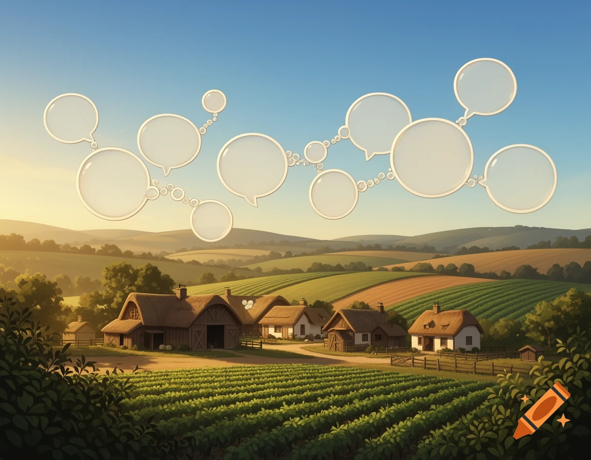 An idyllic farm landscape with green fields and houses under a blue sky, featuring abstract empty speech bubbles floating above.