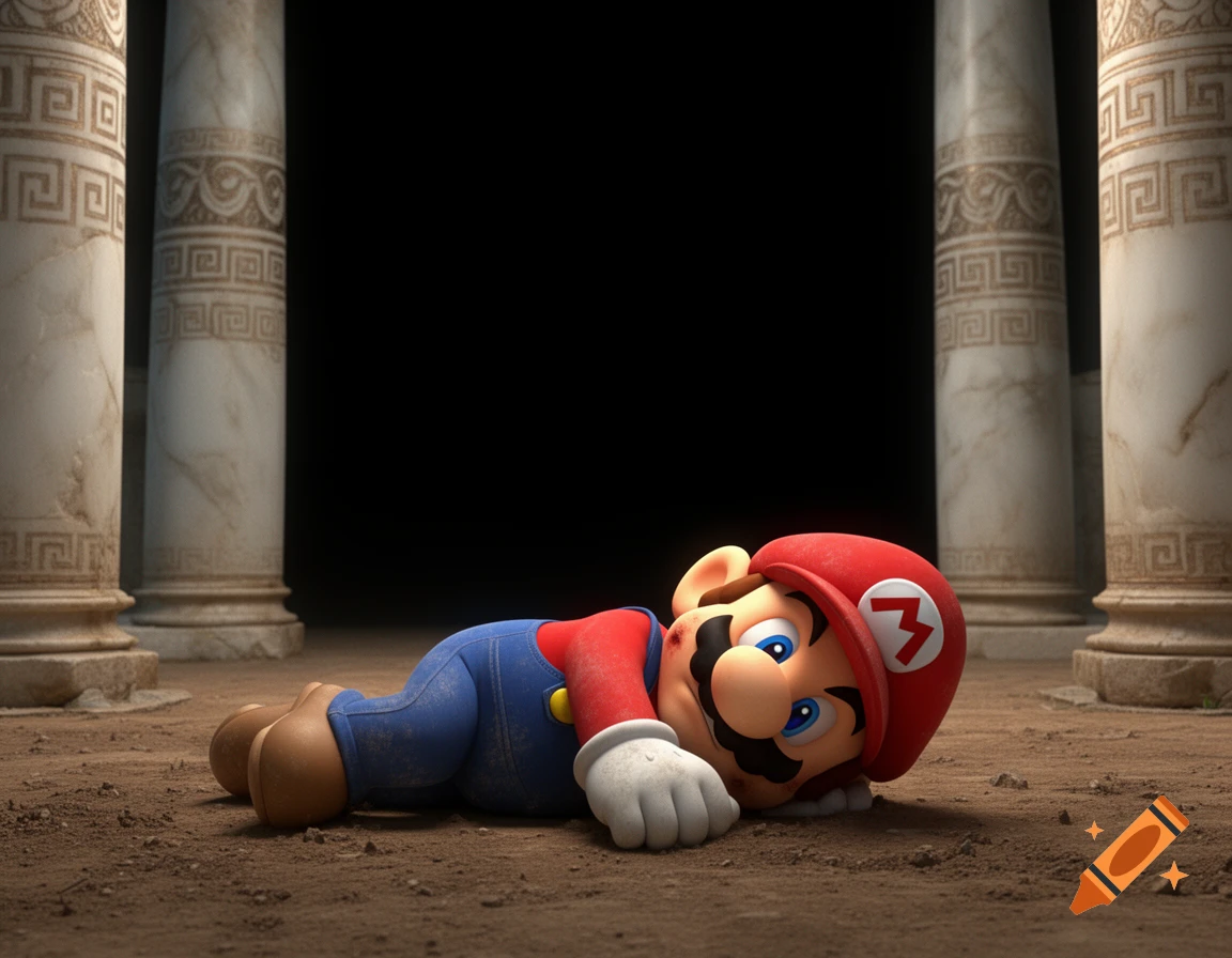 Bruised Mario, rendered in 3D CGI, lies on a dirt floor in a dark ancient Greek room with pillars.
