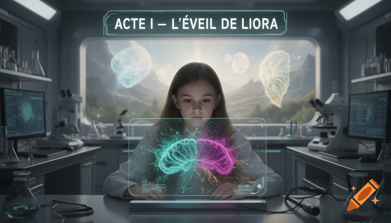 A young girl in a futuristic lab looks at a holographic brain, with a title banner "ACTE I \u2014 LÉVEIL DE LIORA" above.