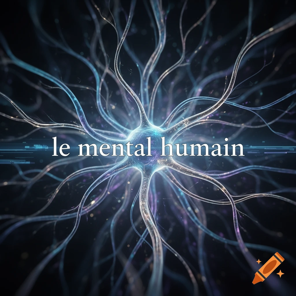 A glowing neuron with numerous tendrils against a dark background, with the text 'le mental humain'.