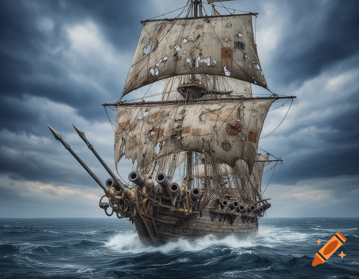 A detailed, weathered pirate ship with cannons and two large harpoons on its bow sails through turbulent seas under a dramatic, cloudy sky.